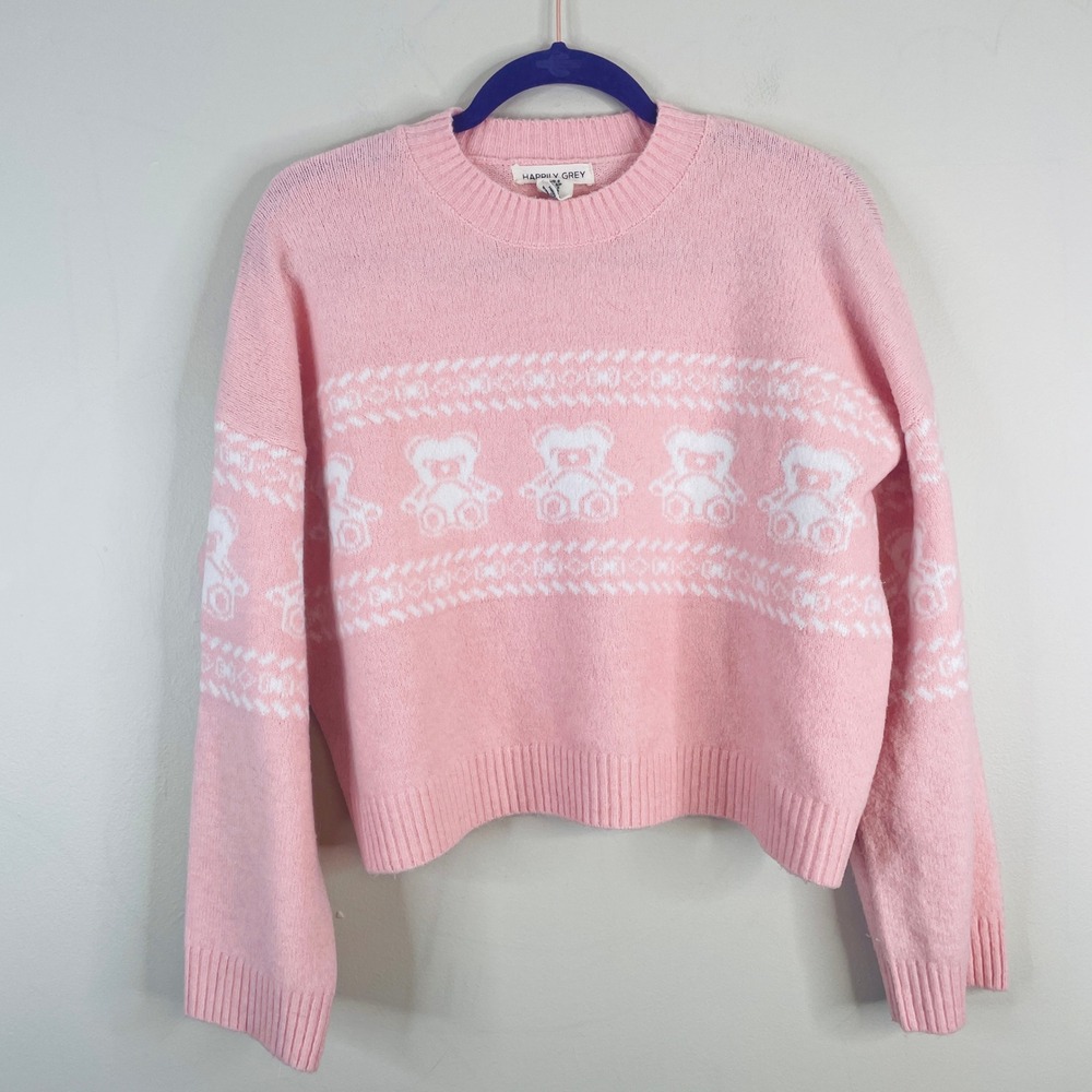 Happily Grey Kawaii Bear Crop Sweater Womens Small Pastel Pink Twee Baggy Soft